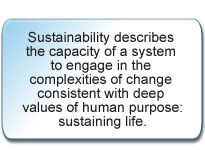 Sustainability describes the capacity of a system to engage in the complexities of change consistent with deep values of human purpose.